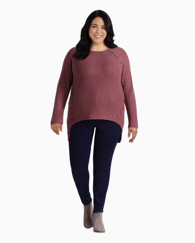 Plus size model with rectangle body shape wearing Heather Wool-Blend Tunic Sweater by Meri Skye | Dia&Co | dia_product_style_image_id:110389